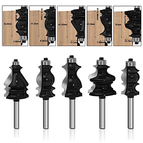 LEATBUY Router Bit Set Architectural Molding 5 PCS 1/4 Inch Shank , Corner Rounding Edge Rail Stile Wood Router Bits Sets, Woodworking Milling Cutter Tool, Door Cabinet Shelf Carbide CNC Router(PANEL)