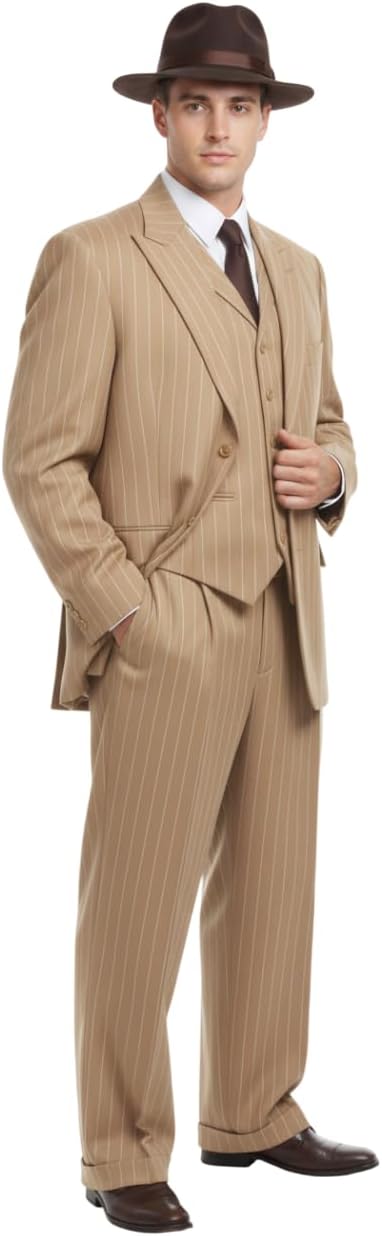 Men’s Brown Pinstripe Zoot – 1920s Gangster Vintage 3-Piece Suit with Wide-Leg Pants and Fedora Look - Three Buttons