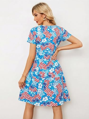 Image of LUKYCILD American Flag Dress Women 4th of July Patriotic Shirt USA Stars Stripes Dresses Sexy V- Neck Summer Sundress