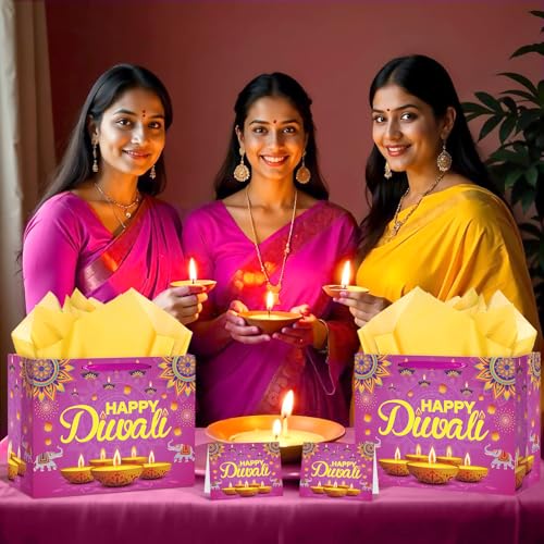 Happy-Diwali-Gift-Bags-Diwali-Party-Supplies-Festival-of-Lights-Favors-Gift-Bags-with-Wrapping-Paper-and-Card-Large-Indian-Diwali-Wrapping-Paper-Bag-Pink-Candlelight-Goodie-Bags-Deepavali-Decoration