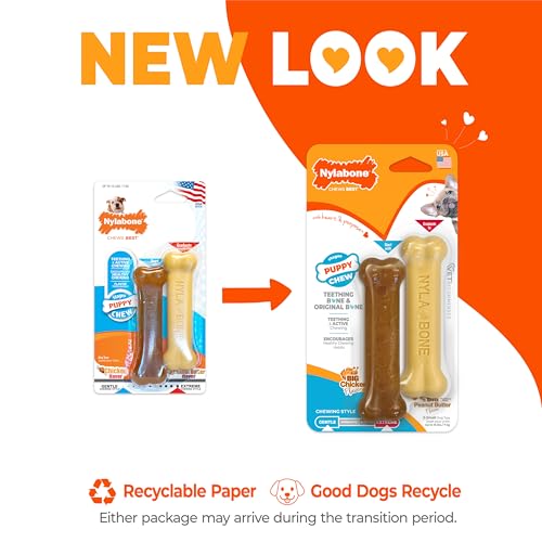 Nylabone Puppy Chew Teething Bone & Original Bone Dog Chew Toys, 2 Count | X-small chew bones for puppies up to 15 lbs, chicken & peanut butter flavor, soothing teething toys for puppies