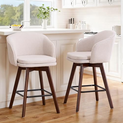 Butacos de altura para barra Rowill, giratorios 360° con respaldo curvo y reposabrazos, patas de madera maciza, tapizados en tela chenilla, estilo moderno para isla de cocina (Beige, asiento de 26", juego de 2)