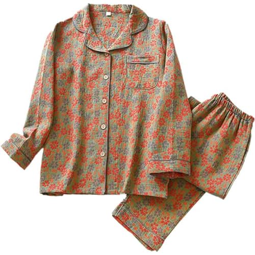 Conjunto de pijama de dos piezas con solapa de algodón con diseño de hojas vintage, conjunto de ropa de descanso de algodón para mujer, N, S