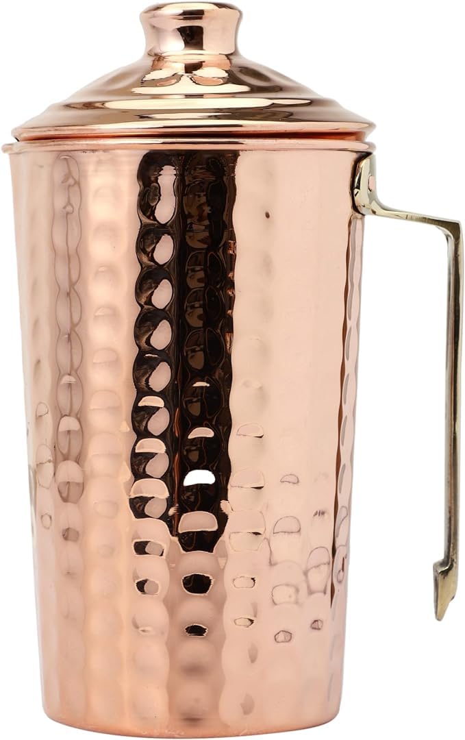 ANCIENTIMPEX Wasserkrug aus reinem Kupfer, gehämmert, mit Deckel und Messinggriff für Ayurveda und gesundheitliche Vorteile (moderner Stil)