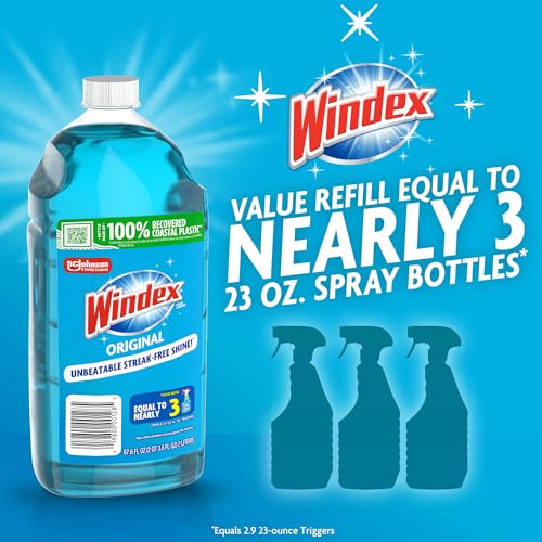 Image of Windex Refill Glass and Window Cleaner Bottle, Bottle Made from 100% Recycled Plastic, Surface Cleaning Spray, Original Blue Scent, 2L (67.6 Fl Oz) (Pack of 2)