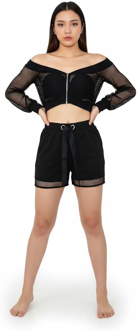 Women’s Mesh Crop Off-Shoulder Sheer Jacket with Long Sleeve Zip-Up Sexy Trendy Clubwear Crop Top Stylish for Women–Summer Outerwear, Black, L