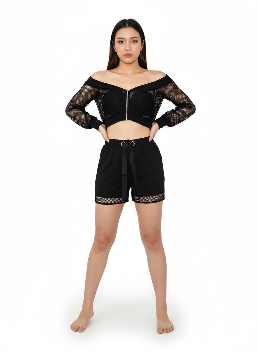 Women’s Mesh Crop Off-Shoulder Sheer Jacket with Long Sleeve Zip-Up Sexy Trendy Clubwear Crop Top Stylish for Women–Summer Outerwear, Black, L