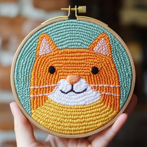 DIY Punch Needle Kits Orange Cute Cat Easy for Beginners Punch Needle Embroidery Set with Hoop Stamped Pattern for Craft Lovers and Home Decor-1