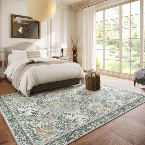Image of Botanical Floral Area Rug 6x9 Light Green Cream Vintage Garden Design, Perfect for Living Room, Bedroom, Kids Room, Nursery - Stain & Water Resistant Non-Slip, Pet & Child Friendly Area Rugs