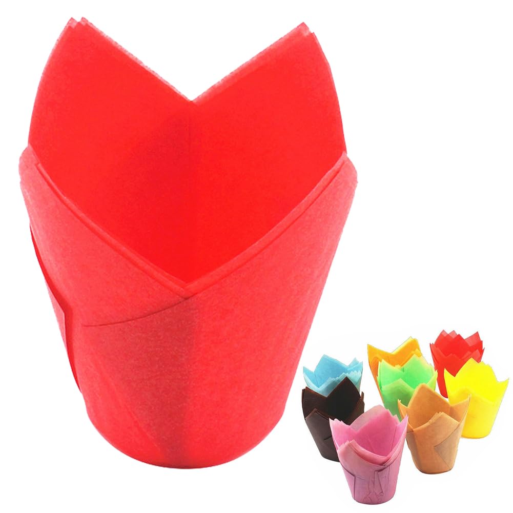 Van Der Linn Pack of 25 Tulip Muffin Cases for Baking, 5cm Diameter Non-Stick Paper Cupcake Wraps Cups (Red)