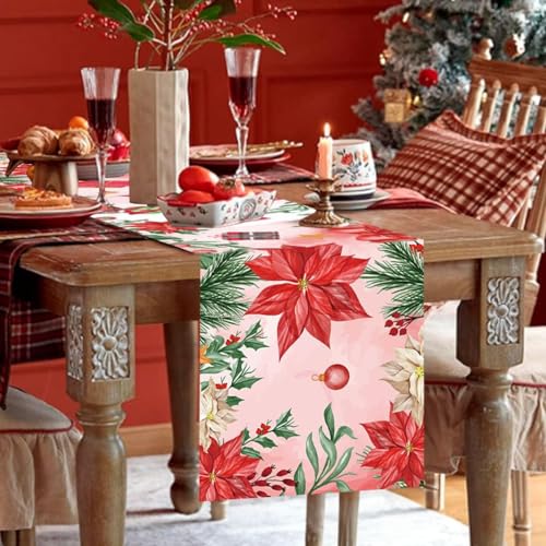Jobkoo Tischläufer Weihnachten Tischläufer Poinsettia Deko Weihnachtstischläufer Weihnachts Tischläufer Rot Weihnachts Tischdeko Tischband Tischdekoration Xmas Weihnachten Deko CS Tablerunner-481-DE