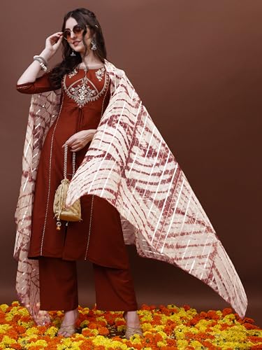 Image of EthnicJunction Women's Cotton Silk Special Sequine Lace Work Kurta Palazzo and Dupatta Set | outfits for women