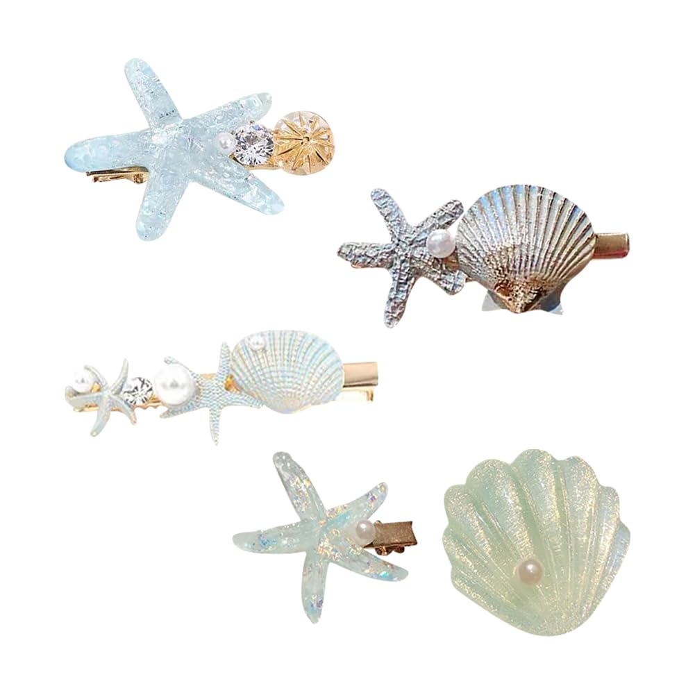 HugeDE 5 Pcs Shell Pearl Starfish Hair Clip Set Sea Star Hair Pins Cute Alligator Hair Clips Small Seashell Hair Clips Beach Hair Barrettes for Women Girls