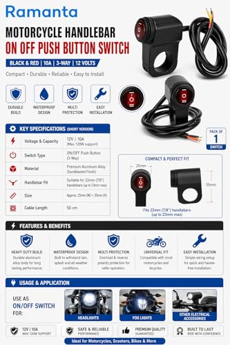 Image of Ramanta Motorcycle Handlebar ON-OFF-ON Switch | 12V DC CNC Cast Aluminum | Waterproof 3 Way Function | Light Control Handlebar Mounting Switch Universal for All Motorcycle & Bikes (Pack of 1)