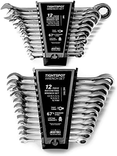 JAEGER 24pc IN/MM TIGHTSPOT Ratcheting Wrench Set - MASTER SET Including Inch & Metric With Quick Access Wrench Organizer - Our standard in combination wrench sets from gear to tip