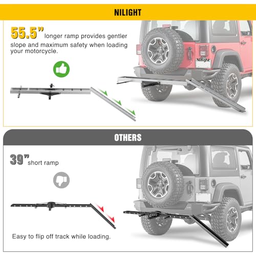 Image of Nilight Motorcycle Hitch Carrier 400LBS, Lightweight Robust Aluminum Dirt Bike Hitch Hauler with 55.11 inch Longer Ramp, Pin Lock, Tie-Down Strap and Tightener, 2 inch Receiver, 5 inch Wide Tire