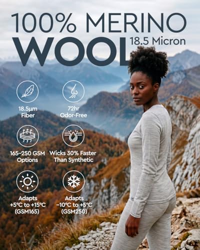 Image of MERINNOVATION Merino Wool Base Layer Set for Women 100% Merino Wool Thermal Underwear Sets Lite - Midweight Top Tank Bottom