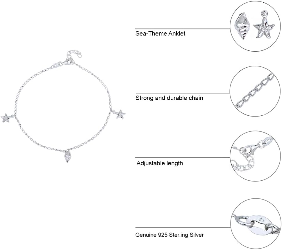 Vanbelle Sterling Silver Jewelry - Rhodium Plated with 925 Stamp - Sea-Theme Star Fish and Sea-Shell Anklet for Women - 9 Inch long + 1 Inch Extender - Image 5