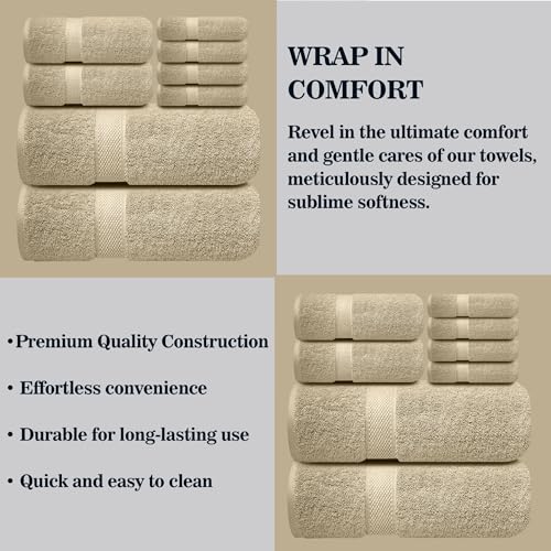 Image of Sulfar 100% Combed Cotton, 8 Pcs Towel Set - 2 Bath Towels (70 x 140 cm), 2 Hand Towels (40 x 70 cm) and 4 Washcloths (30 x 30 cm) (600 GSM, Pack of 8) Beige