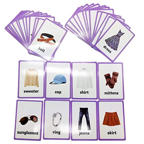 HONTOUSIP 34 Pcs Clothing Cards- Learning Picture & Word Card Flashcards(English Word Learning Card & Pocket Size Flash Card for Children and Preschool),4.33x3.15in Cover