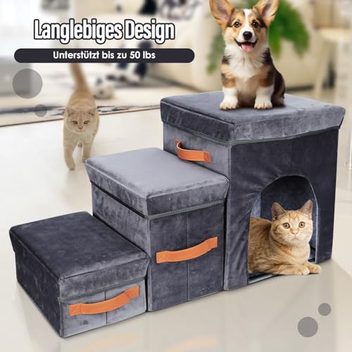 Thihome Haustiertreppe 3 Stufen, Faltbare Hundetreppe mit Aufbewahrungsbox
