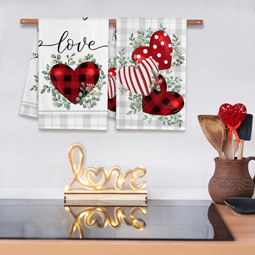 Image of FUTBU Valentines Day Kitchen Towels Set of 2, Red Buffalo Plaid Heart Love Dish Towels 18x26 Inch Drying Dishcloth,Valentine Day Decorations Farmhouse Home Seasonal Decoration