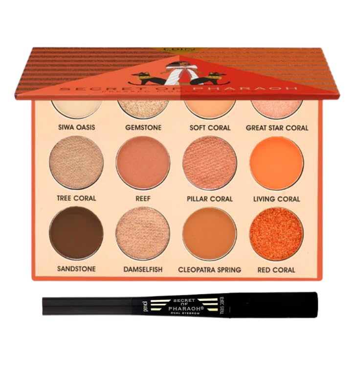 EBIN NEW YORK Eyebrow Pencils For Women– Coral Oasis –Eyeshadow Palette Bundle With 1x Secret Of Pharaoh Dual Eyebrow Natural Black Matte & Shimmer Shadows Gift Set – (2 Items)