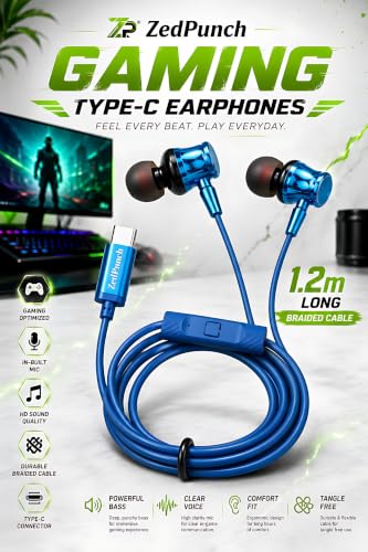 Image of Gaming Type-C Wired Earphone with Mic, 10mm Dynamic Bass Driver, Magnetic in-Ear Headphones, Low Latency Sound for Gaming, 1 Button Control, HD Calling, Voice Assistant, (LITE Blue)