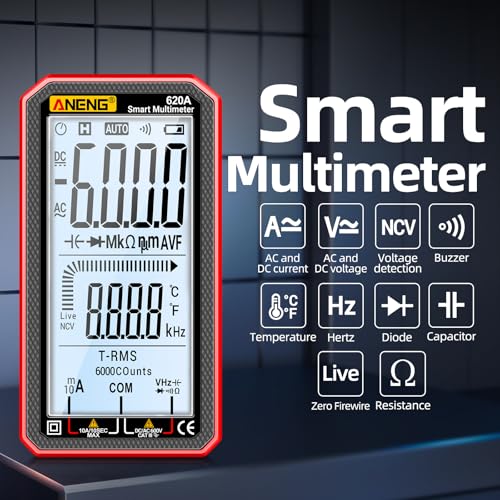 Image of Digital Multimeter, Voltmeter Smart Electrical Tester 6000 Counts with LCD, Measures AC /DC Current, Voltage, Resistance Temperature for Electricians DIY (620A Red)