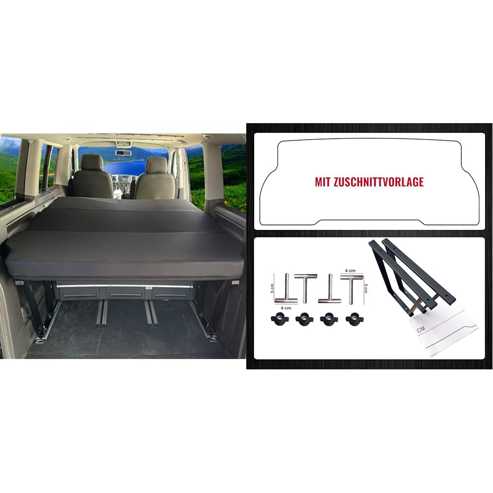 BREMER SITZBEZÜGE Klappmatratze & Pulverbeschichtete Multiflexboard Konsole kompatibel mit VW Multivan T5 T6 T6.1 / T5 Zubehör / T6 Bettverlängerung/Höhe 51cm 2 Stück in Schwarz