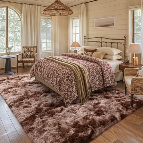 5x8 Brown Rugs for Living Room Fluffy Fur Bedroom Area Rug,Rustic Plush Non-Slip Dark Carpet for Book Room Office,Coffee Stain Resistant