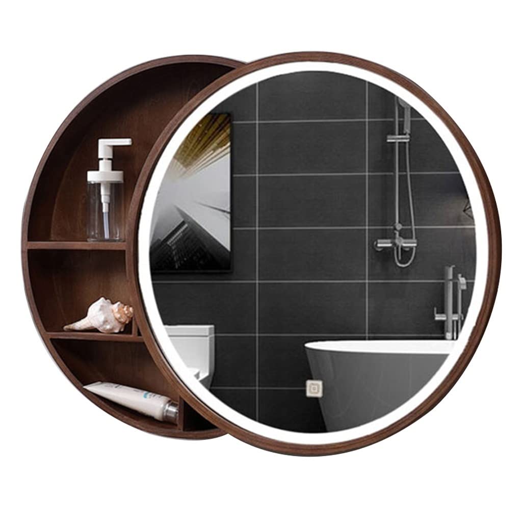 BKSXSOP Wall-Mounted Bathroom Mirror Cabinet with LED Light Strip - 70cm Round Solid Wood Storage Unit, Brown Finish for Modern Home Decor