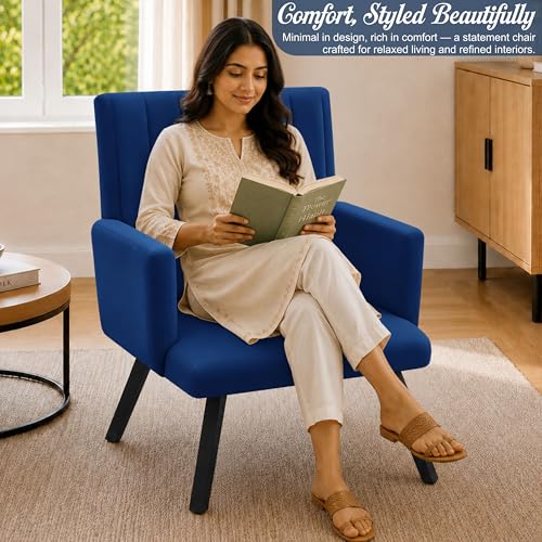 Image of Rosebell Modern Accent Chair for Living Room | Single Seater Chair with Armrests & Metal Legs | Comfortable Lounge Chair for Bedroom, Reading & Office | Blue