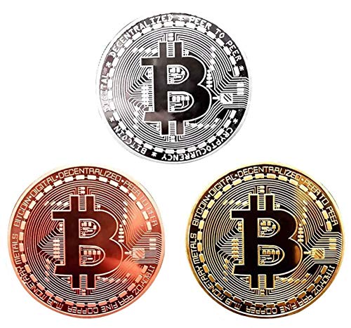 QUEAMBLER Bitcoin Coin Gold Plated Coin, Physical Bitcoin Blockchain Cryptocurrency Coin in Protective Collectable Gift Velvet Bag 3 Pieces