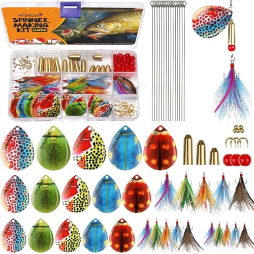 Dovesun Spinner Making Kit DIY Fishing Lure Making Kit Fishing Gifts for Fisherman Inline Spinner Baits with Colorful Spinner Blades B-155PCS-Beetle Blades-Inline Spinner Making Kit