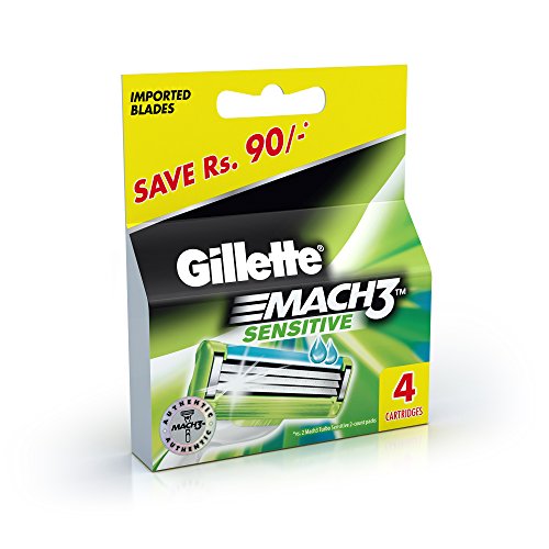 Image of Gillette Mach3 Sensitive Blades - 4 Cartridges & GILLETTE Mach 3 Shaving Razor (Handle + 2 Cartridge)