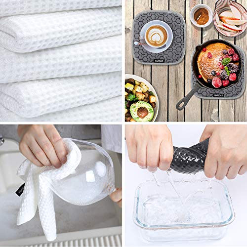 10 Piece Set Silicone Oven Mitts and Pot Holder，with Kitchen Towels and Dish Cloths ，500 Degree Heat Resistant Soft Lining Oven Mitts，Quick Drying Dish Towel，for Kitchen Baking BBQ Grilling (Grey)