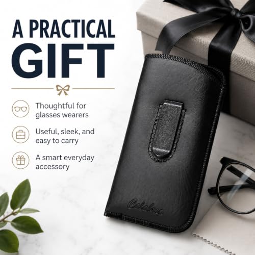 Image of Calabria Slim Eyeglass Case with Felt Lining -Black W /Clip PU Leather | Soft Slip-In Glasses Sleeve | Pocket Clip Option | Protective Slim Eye Glasses Case Soft Pouch