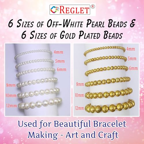 Image of 1800 Pcs Golden & 1800 Pcs Off White Pearl Beads for Jewellery Making Kit - Plastic Beads for Bracelet Making Kit - Pearls for Craft - Sizes 4, 5, 6, 8, 10, 12MM - 360g