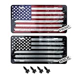 Double Sided Extra Thick Brushed Aluminum American Flag License Plate + 4 Black License Plate Screws - USA License Plate Frame Cover