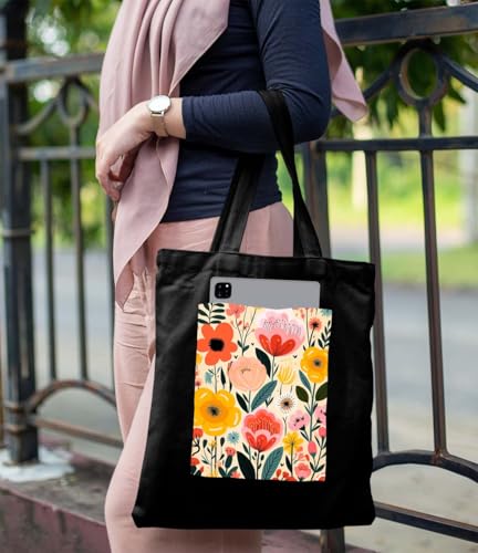 Image of ZORI Black Tote Bag With Pocket Printed Designed Canvas Tote Bags For Women large capacity,Tote bag For Shopping, College, Travel, More Canvas Handbag For Unisex Bag