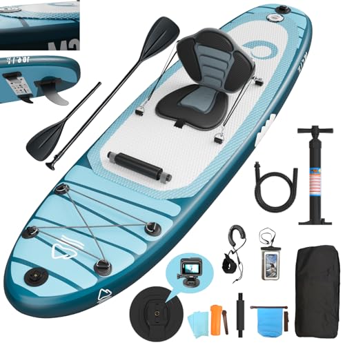 JUMMICO Tabla de Remo Hinchable, 330 x 80 x 15 cm, Tabla de Surf Hinchable, Remo de pie 2 en 1 con Asiento y Tabla de Remo Ajustable, hasta 160 kg, Ideal para Surf, Pesca, Yoga, Color Azul Claro