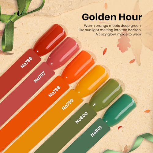 Image of Beetles Hema-Free Gel Polish Set - 6PCS 15ml Full Size Golden Hour Summer Gel Nail Polish Set, Burgundy Orange Dark Red Green Color Matching Bottles Soak Off UV LED DIY Home Salon Gift for Women