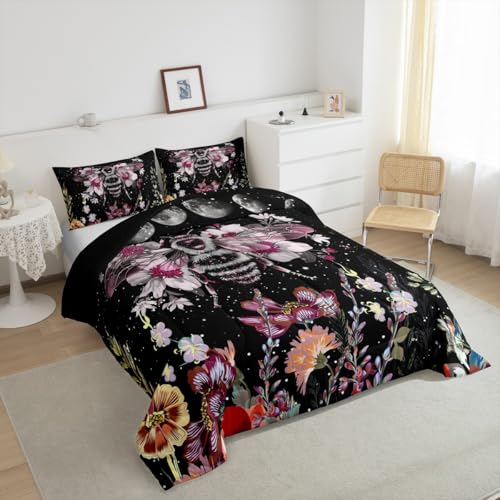 Image of Moon Bee Wildflower Decor Bedding Set for Kids Boys King Size, Girl Bohemian Comforter Set Plant Garden Herbs Leaves Cute Moon Phase Comforter Botanical Floral Soft Quilt Set with 2 Pillowcases