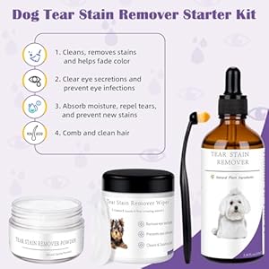Dog Tear Stain Remover Starter Kit, with Witch Hazel Extract, Remove Tear Stains, Discharge & Mucus, includes Stain Solution, Applicator Wipes, Stain Powder & Brush, Lasts 30-45 Days