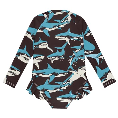 Girls One Piece Swimsuits Long Sleeve Swimsuit Zipper Bathing Suits Shark Blue Ocean Black2