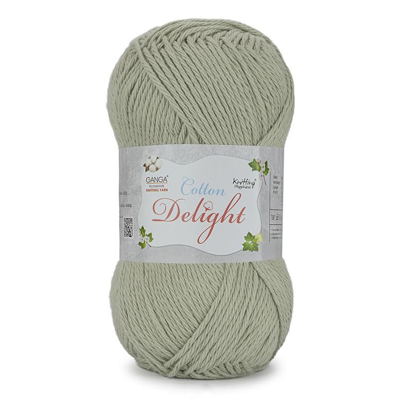 Image of Ganga Acrowools Cotton Delight, Dk Weight Cotton Yarn, Oekotex Class L Certified 100G, 169M, Pack of 1 Ball - 100gm Each, Shade No. - COD005, Greenish Grey