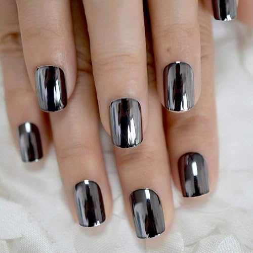 CoolNail Uñas postizas acrílicas francesas francesas de color gris ahumado oscuro con espejo reflectante chapado en metal con adhesivo adhesivo
