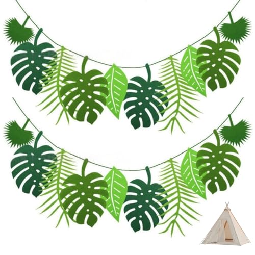 2 Stück Dschungel Deko Geburtstag Blätter Girlande Palmblätter Grüne Tropische Banner Palmblatt Wimpel Künstliche Safari Tropical Deko Palmenblätter Dekoration für Geburtstagsfeier Hawaii Gartenparty