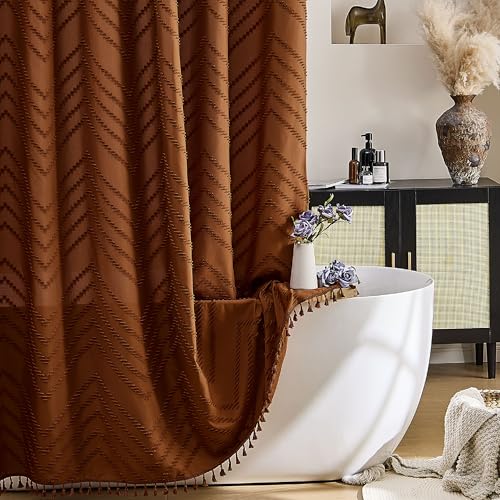 Siiluminisoy Orange Shower Curtain Vintage Boho Shower Curtain Textured Tufted Chevron Rust Shower Curtains for Bathroom 72 x 72